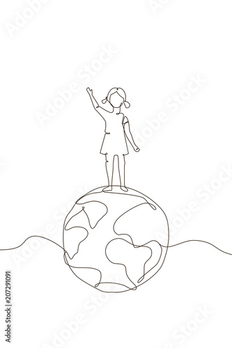 Girl standing on a globe - one line design style illustration