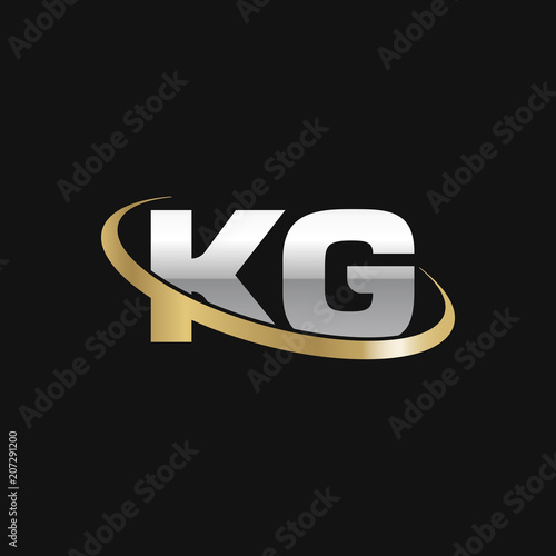 Initial letter KG, overlapping swoosh ring logo, silver gold color on black background