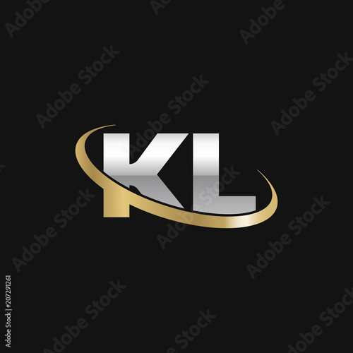 Initial letter KL, overlapping swoosh ring logo, silver gold color on black background