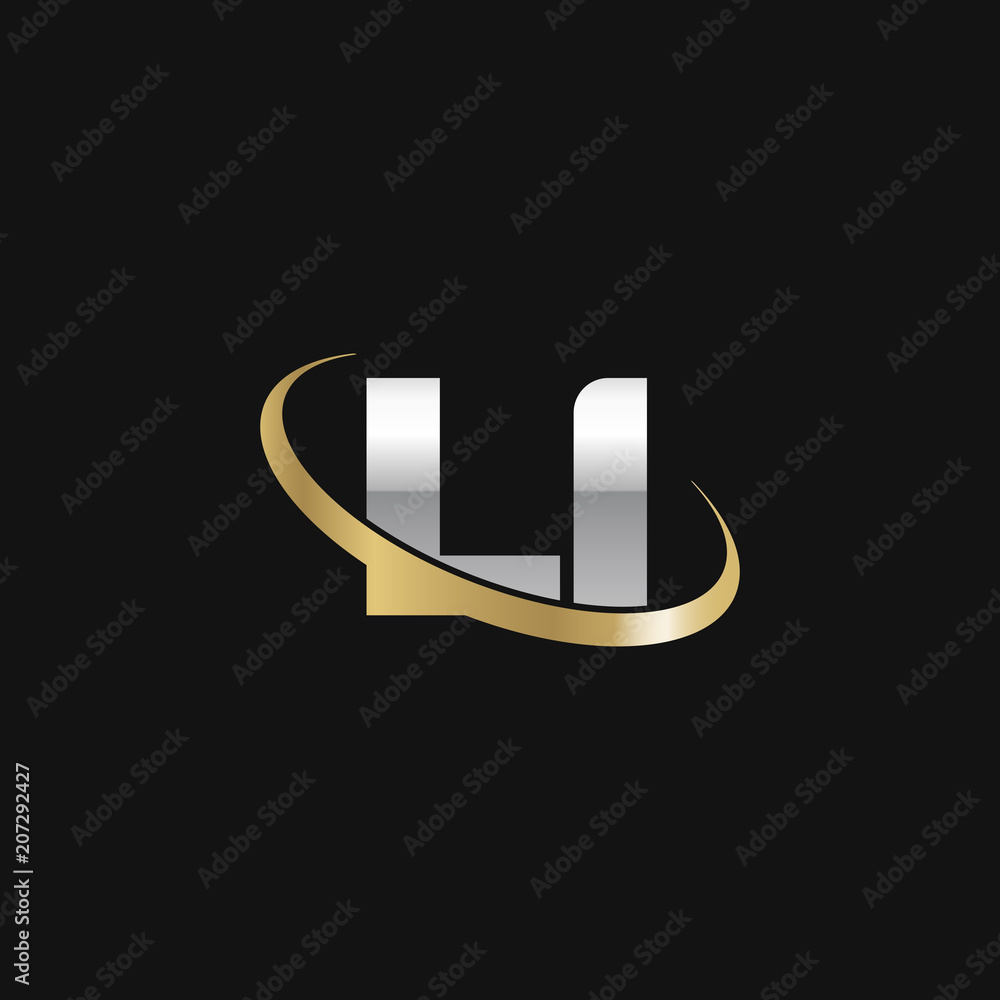 Initial letter LI, overlapping swoosh ring logo, silver gold color on black background Initial letter LI, overlapping swoosh ring logo, silver gold color on black background