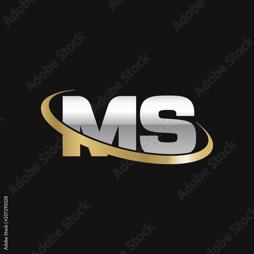 Initial letter MS, overlapping swoosh ring logo, silver gold color on black background