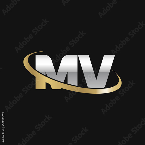 Initial letter MV, overlapping swoosh ring logo, silver gold color on black background