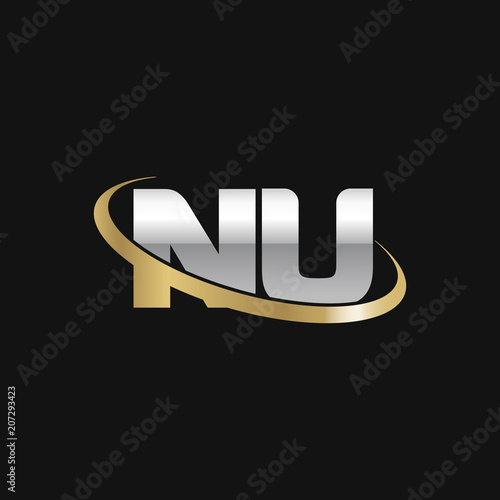 Initial letter NU, overlapping swoosh ring logo, silver gold color on black background
