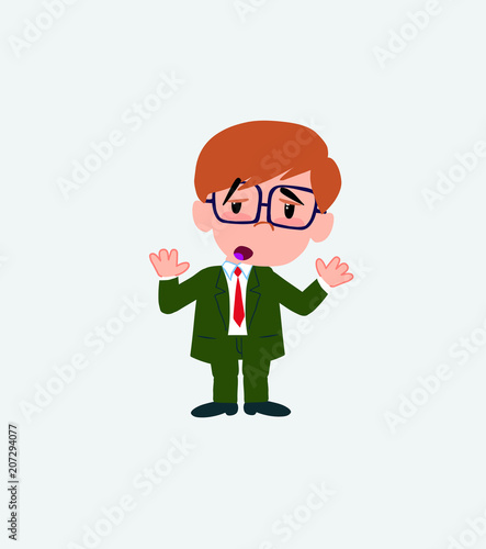 Businessman with glasses makes a gesture of tired resignation.