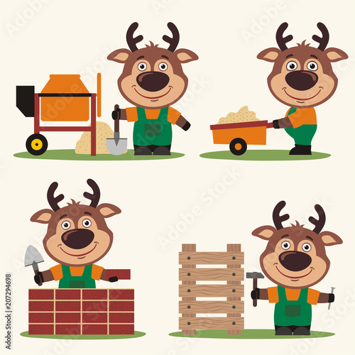 Set of isolated funny deer builder in cartoon style: concrete mixer, wheelbarrow, at brick wall and with hammer near wooden structure.