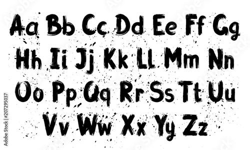 Hand written calligraphy alphabet, black ink brush lettering, abc latin alphabet, grunge font style with ink splashes. Vector