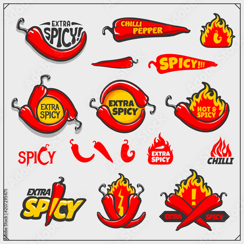 Chili pepper set. Pepper icons, emblems and design elements.