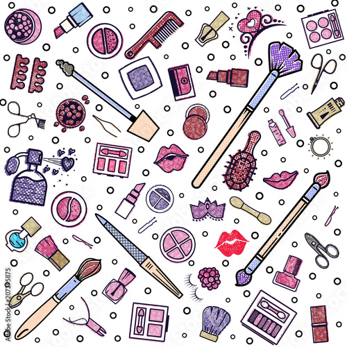 Makeup seamless pattern. Illustrations of different cosmetics. Lipstick and pomade, brushes for make up glamour. Vector background
