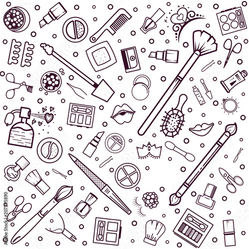Makeup seamless pattern. Illustrations of different cosmetics. Lipstick and pomade, brushes for make up glamour. Vector background