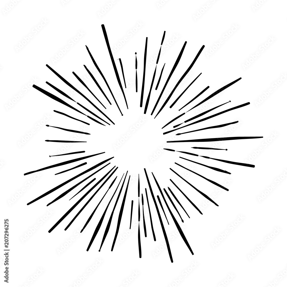 Explosion vector illustration. Rays element. Sunburst, starburst shape on white. Radial lines. Abstract circular geometric shape. Sun ray or star burst light element.