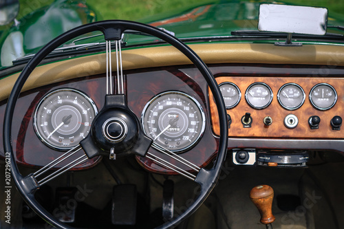 Close-up, detailed photo of the interior of a classic oldtimer luxury sports car