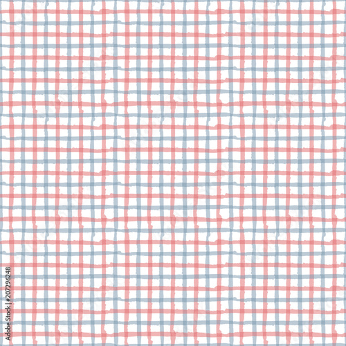 Line draw gingham red, blue, white seamless repeating pattern. Tartan plaid vector pattern background.