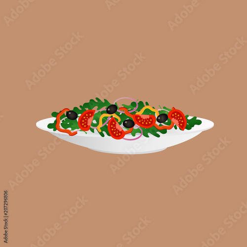 illustration of fresh greek salad with lettuce, tomatoes and olives