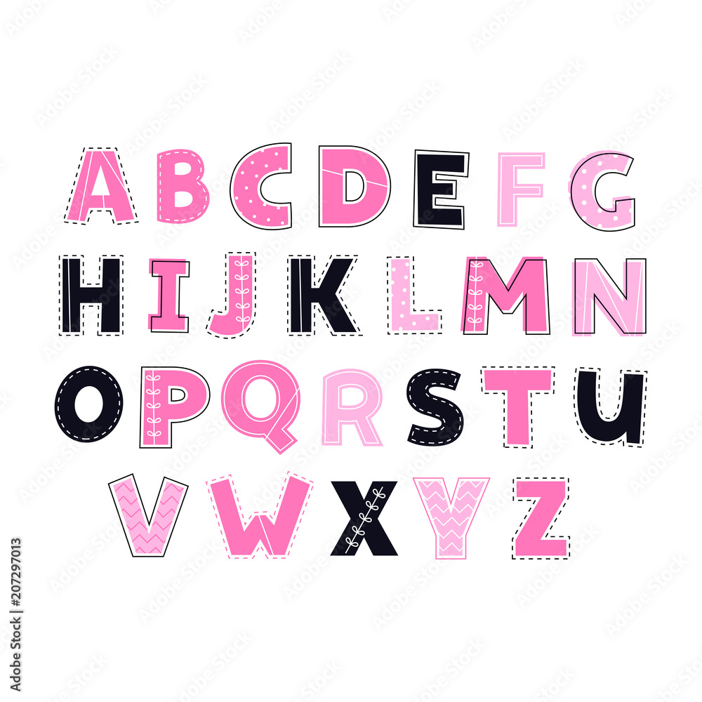 Cute kids alphabet. Pink and dark blue colors. Vector.