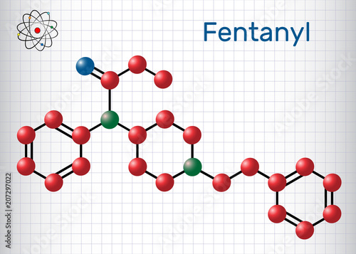 Fentanyl molecule. It is opioid analgesic. Structural chemical formula and molecule model. Sheet of paper in a cage photo