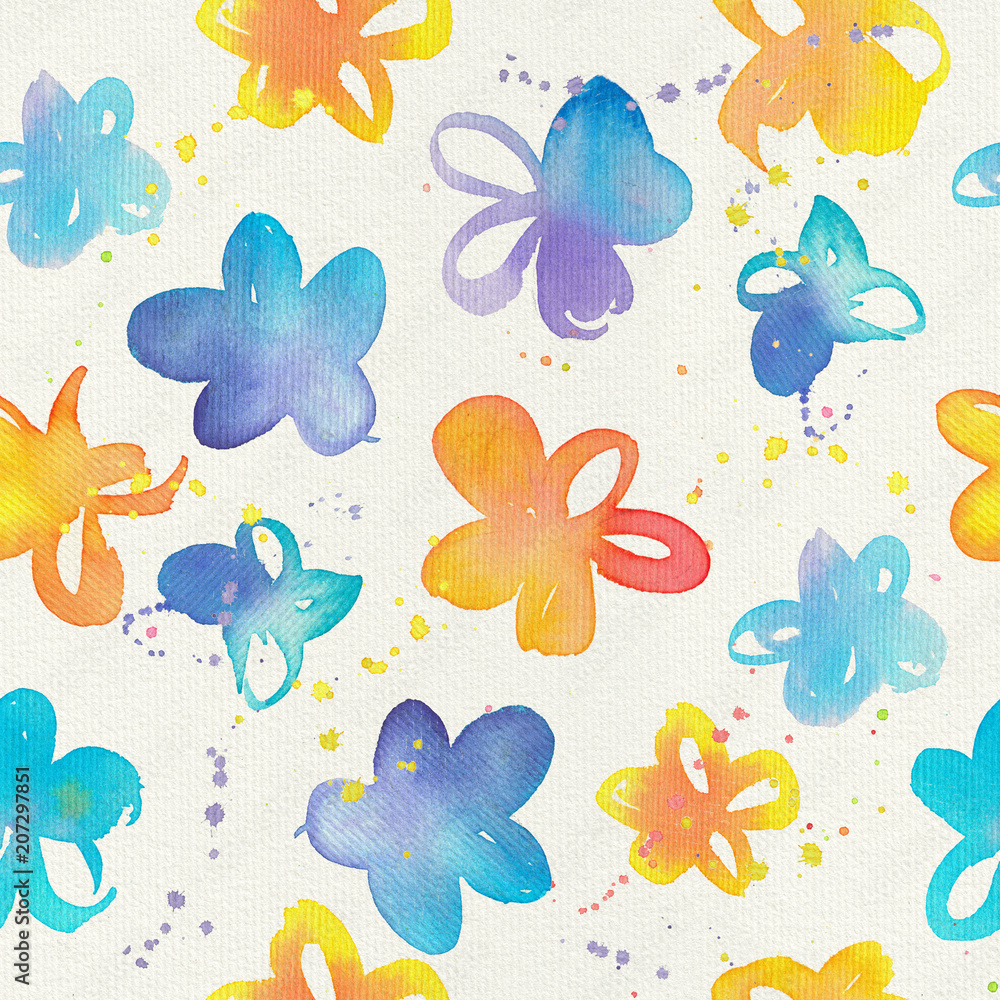 Happy and bright floral seamless pattern with hand drawn watercolor flowers