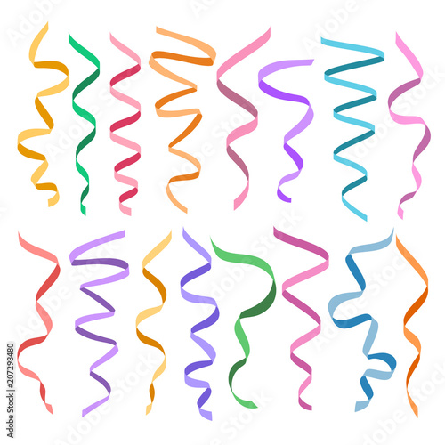 Set of different decorative serpentines, colorful ribbon collection, vector illustration