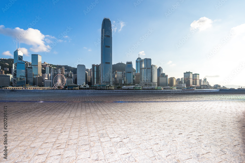 city skyline with empty floor in urban square city skyline with empty floor in urban square