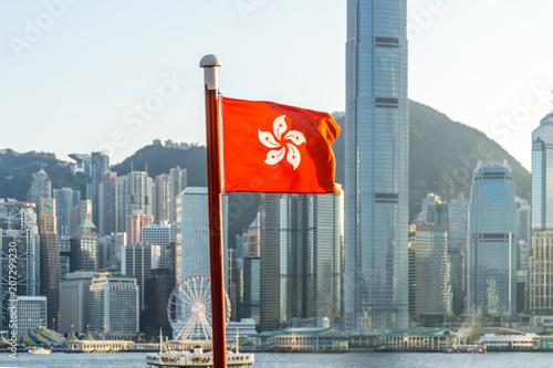 Photography flag of hongkong with city skyline