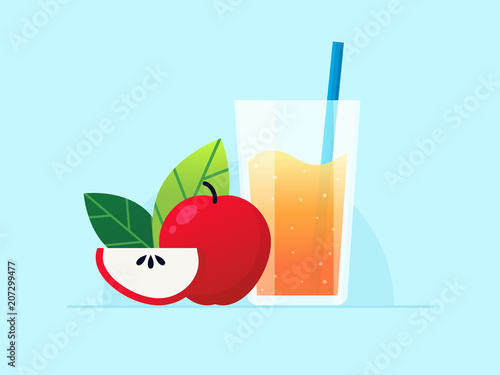 Apple Juice in Glass with Red Apple. Flat Design Style. 