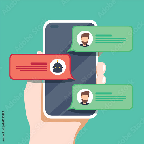 Vector flat linear illustration in green colors chatbot concept virtual assistant and online support.