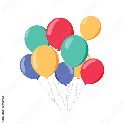 Bunch of air balloons, group of ball with ribbon isolated on white background. Colorful. Happy Birthday, holidays