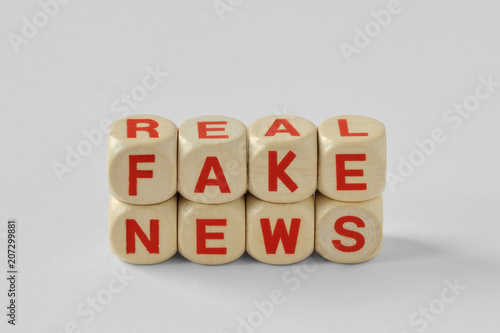 Words Fake and Real News written with wood cubes