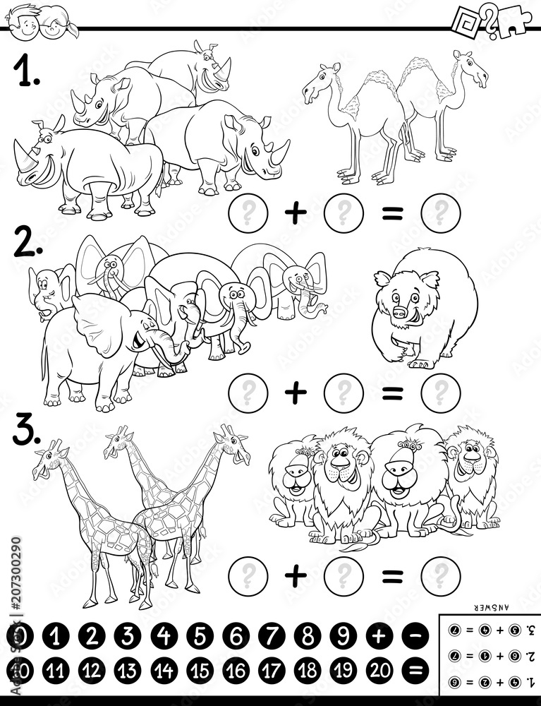 addition educational game color book with animals