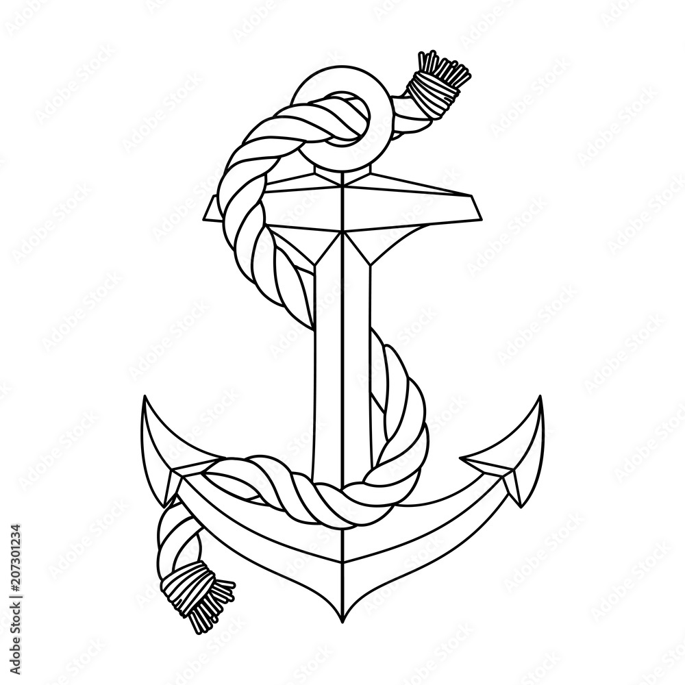 vector vintage sea anchor rope line icon. Nautical simple outline sketch.  Black and white linear pop art naval logo pattern. Boat symbol maritime  design illustration isolated on background Stock Vector