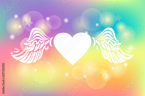 Vector illustration with Heart and Wings isolated on rainbow colors background. Poster for Love You card, St Valentine's day, lgbt concept.