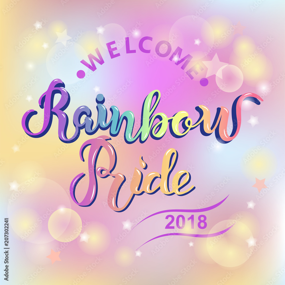Rainbow Pride text is on pink background.
