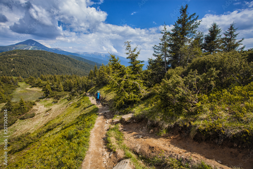 A tourist walks along a mountain meandering trail