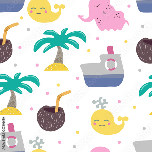Cute seamless childish pattern for kids in scandinavian style with whale,ferry and palm. For wrapper, textile or printing