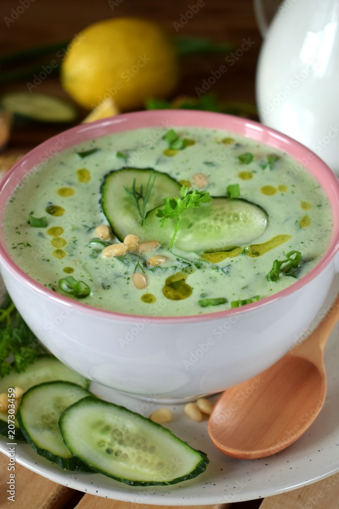 Cold soup Tarator with kefir, cucumbers and pine nuts in a ceramic tureen. Bulgarian cuisine meal Cold soup Tarator with kefir, cucumbers and pine nuts in a ceramic tureen. Bulgarian cuisine meal