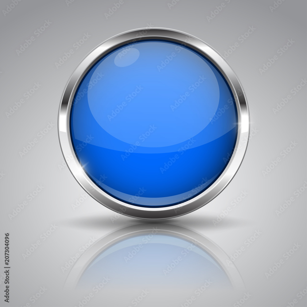 Blue button with chrome frame on gray background. Round glass shiny 3d icon Blue button with chrome frame on gray background. Round glass shiny 3d icon