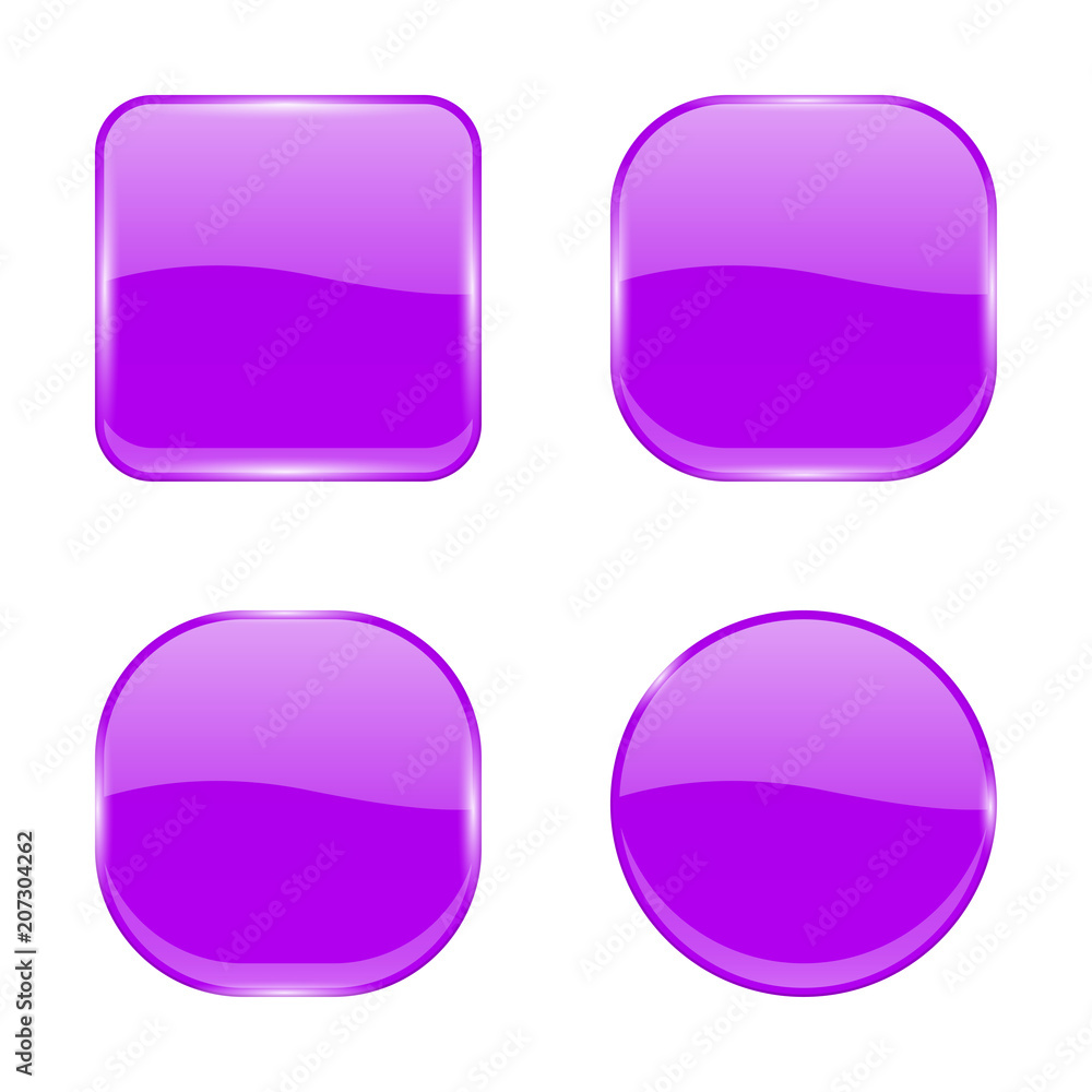 Violet glass buttons. Shiny geometric 3d icons Violet glass buttons. Shiny geometric 3d icons