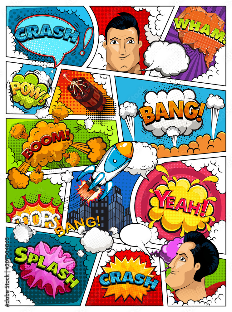 Comic book page layout divided by lines with speech bubbles, city, rocket, superhero and sounds effect. Retro background mock-up. Illustration