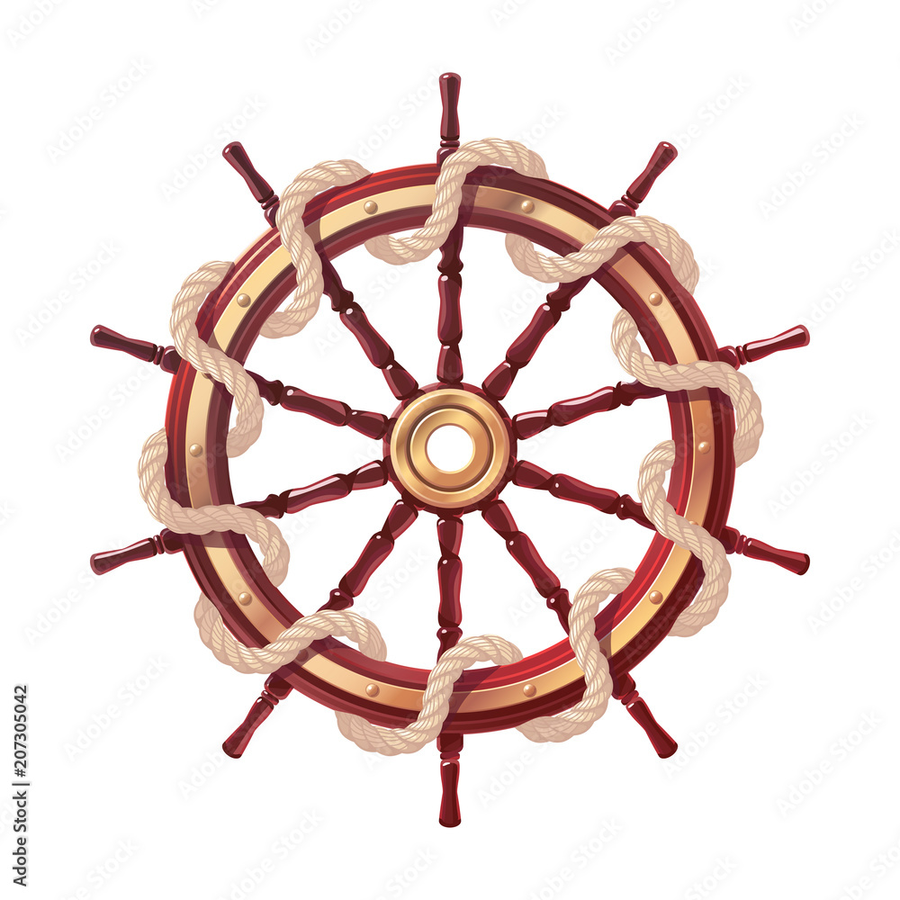 vector boat handwheel with rope / ship wheel / helm. Sea, ocean