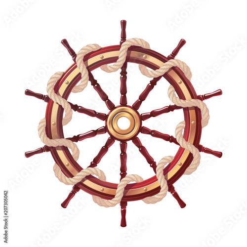 vector boat handwheel with rope / ship wheel / helm. Sea, ocean travel symbol. Realistic vintage circle sea icon. Nautical, maritime, marine, naval, navy, design illustration isolated background