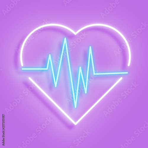 White neon heart with a curve of the cardiogram in the interior. A neon heart icon on a pink background. Vector illustration.
