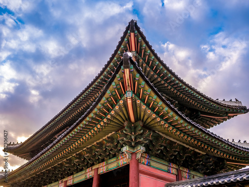  The main gate at Changdeokgung Palace sunshine lighting blue sky is a famous tourist attraction in Seoul  South Korea.