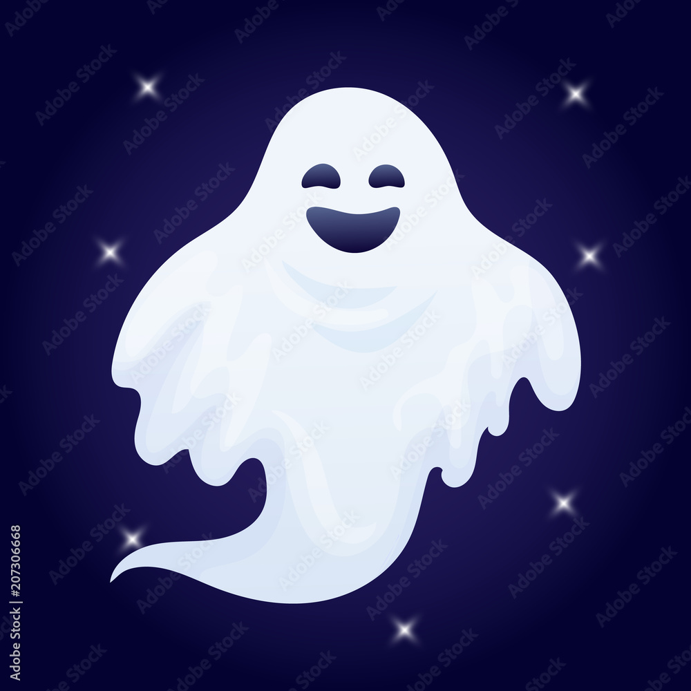 Vector illustration, cartoon Halloween ghost character on a dark background. Vector illustration, cartoon Halloween ghost character on a dark background.