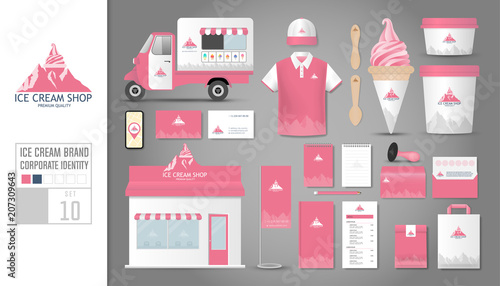 Corporate identity template Set 10. Logo concept for ice cream shop, cafe, restaurant. Realistic mock up template set of shop, car, polo shirt, apron, cap, cup, menu, rubber stamp, coupon, package.