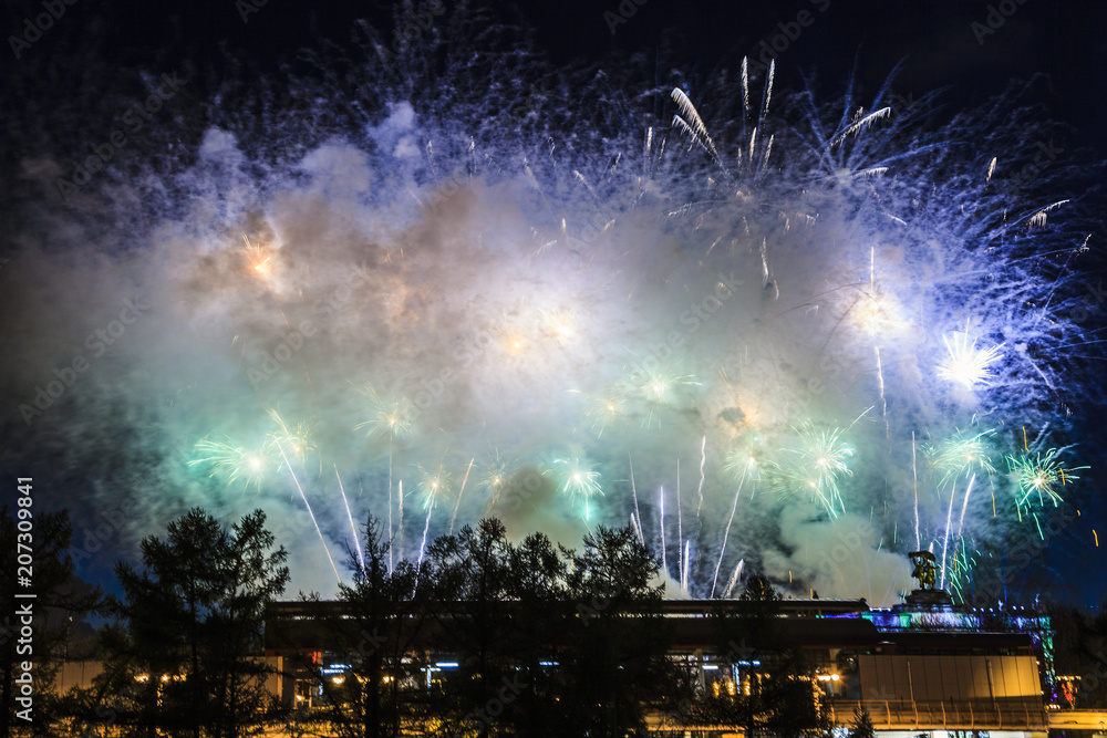 Exhibition of Achievements of the National Economy.   Beautiful fireworks, salute in honor of the day of victory