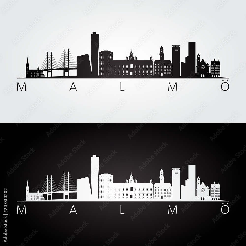 Obraz Malmo skyline and landmarks silhouette, black and white design, vector illustration.