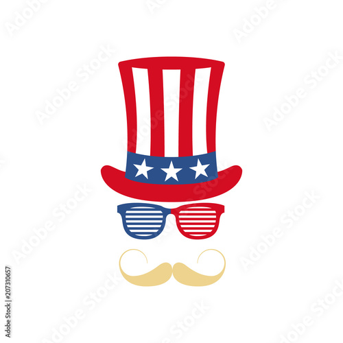 Glasses, mustache and hat of Uncle Sam.  American flag. National holiday in United States of America Independence Day. Vector illustration.
