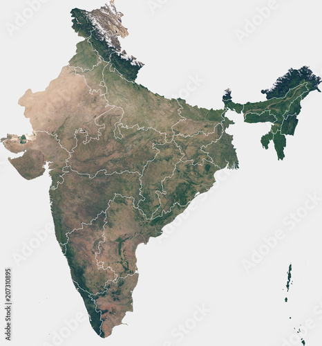 Large (90 MP) satellite image of India with internal (states) borders. Country photo from space. Isolated imagery of India. Elements of this image furnished by NASA.