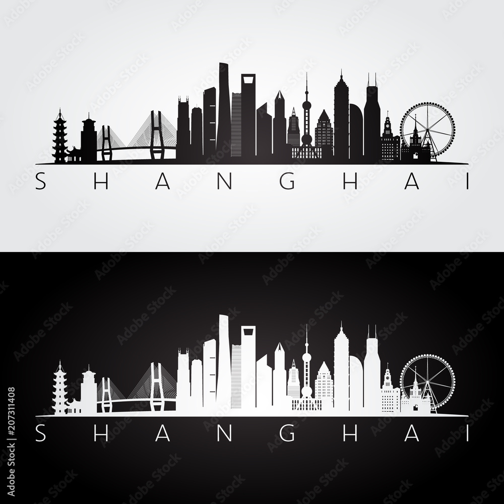 Shanghai skyline and landmarks silhouette, black and white design, vector illustration.