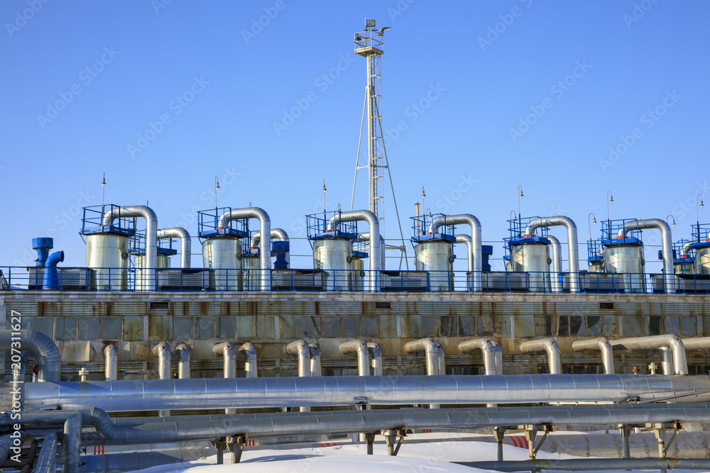 Oil, gas industry. Gas booster compressor station, gas transportation plant
