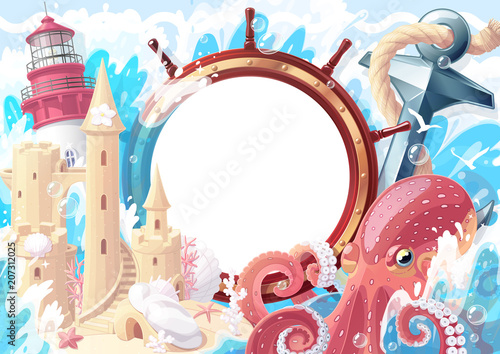 vector Summer maritime collage frame template for photo 01